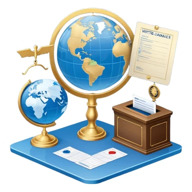 An icon featuring a podium with a speaker, a ballot box with a voting slip, and a globe, symbolizing political science. The design includes scales of justice and a world map in the background, representing governance and global politics. Transparent background highlights political analysis. sticker
