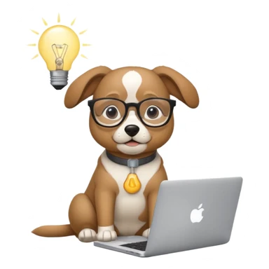 Like a cartoon (make it an intelligent dog with glasses) working with a computer (macbook, showing the apple logo) thinking and a light bulb above his head while he thinks sticker