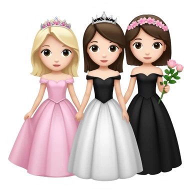 A blonde girl and a brunette girl, one in a black princess prom dress and another in a white dress with pink flowers on it for prom sticker