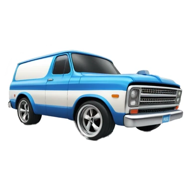 Side-on shot, Hot wheels, Hot rod, large panel van truck,1970 with exposed chrome exhaust pipes, blue, large wheels in back, large logo is Stinky’s Diaper Cleaner sticker