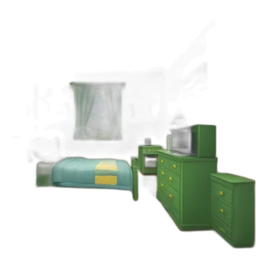 a bedroom with two green cupboards, bed with yellow pillow and quilt and a desk with PC sticker