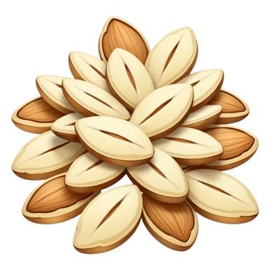 cluster of thin almond slices, ivory to pale gold, natural irregular shapes, some glossy, some matte, soft lighting, subtle shadows, no bowl or utensils, no faces, transparent background, emoji scale sticker