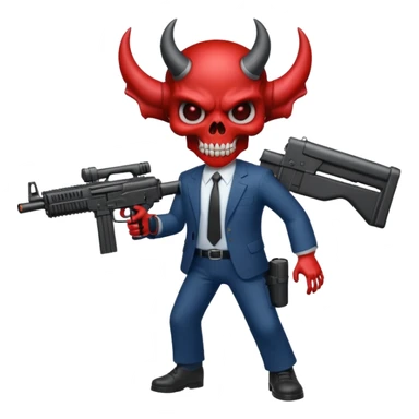 A Demon from hell that is dressed like a fbi agent with a machine gun, full body pointing the machine fun to the left. In the style of your bleeding skull artwork. Just one machine gun sticker