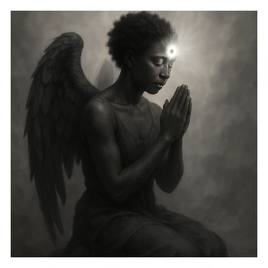 a black angel kneeling in prayer, third eye radiating light, misty ethereal background sticker