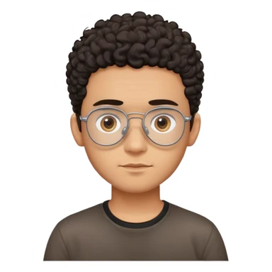 Young Latino male with small oval face, prominent forehead, aviator eyeglasses with metal frames, completely shaved sides with minimal dark curly hair on top only, gentle neutral expression, brown skin tone, simple black t-shirt sticker