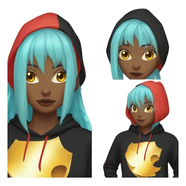Lady with brunette and iridescent blue hair, gold, lime green dragon wings, black hoodie, bleach dyed, black and gold Nike t shirt, and bright red eyes sticker