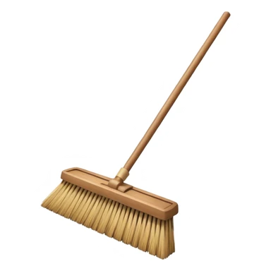 traditional broom with wooden handle on a dusty carpet, straw bristles sweeping visible dust particles, vintage household cleaning tool, 3D cartoon, mobile game icon style, centered composition, no people, no animals, no text, no watermark sticker