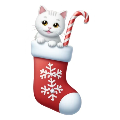 light red stocking with snowflakes on it and a small white cat poking out of the stocking and a candy cane beside the cat sticker