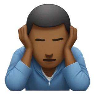 person with their head resting on a desk, indicating frustration or exhaustion. The person should have short hair, be wearing casual clothing, and the desk should be a plain wooden surface. sticker