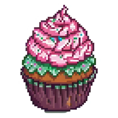 pixel art cupcake with pink frosting and sprinkles sticker