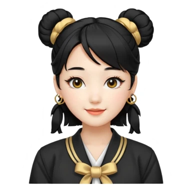 a beautiful girl face, wearing cute korean makeup, black hair, tied into two lowbuns with front bangs, black shirt, white jacket with golden shoulder pads, kpop idol sticker