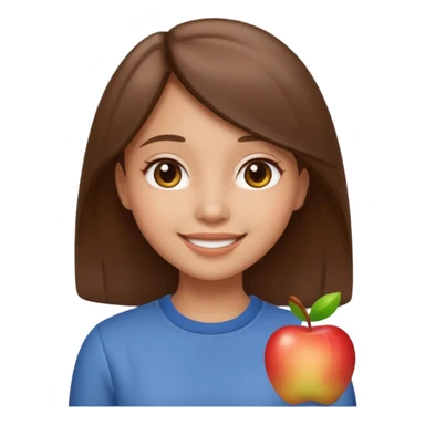 happy girl with medium straight brown hair, light skin tone, apple emoji style sticker