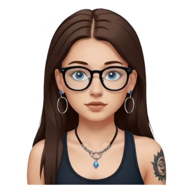 WHITE girl with long brown hair, part going more to the RIGHT side, BLUE eyes, wearing BLACK rectangle plastic frame glasses. SEPTUM nose piercing hoop (at bottom of nose) AND stud nose piercing on right side of nose. Wearing BLACK tank top. Arm tattoos. Hoop earrings sticker
