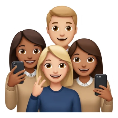 three friends holding phone selfie smiling sticker