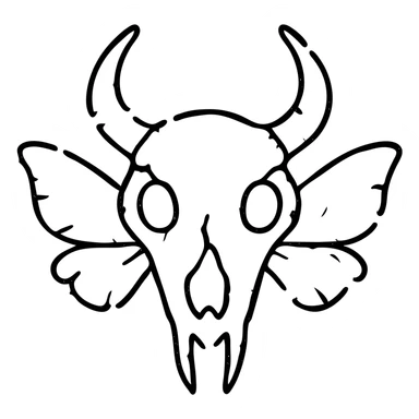 a highly deteriorated red line drawing of a creature head merging minotaur skull, stoat, frog, with moth wings, featuring severely broken and missing perimeter lines, major sections around the edges completely absent, extremely weathered and damaged with sparse broken red lines, hollow middle, like an ancient damaged artifact sticker