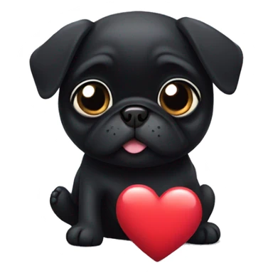 Little black pug dog holding a heart sticker