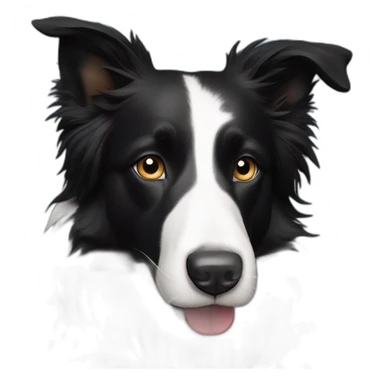 A black and white border collie with an skewed to the left white spot on his head chewing on iPad cord sticker