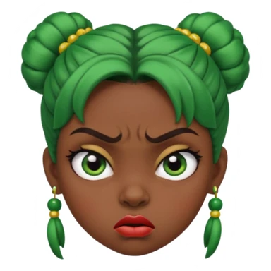 Create a 3D cartoon-style girl character with dark skin, round face, angry expression, big wide eyes, and tightly styled double buns made of green beaded hair. The girl should look irritated, eyebrows sharply angled, and lips pressed in a frown. sticker