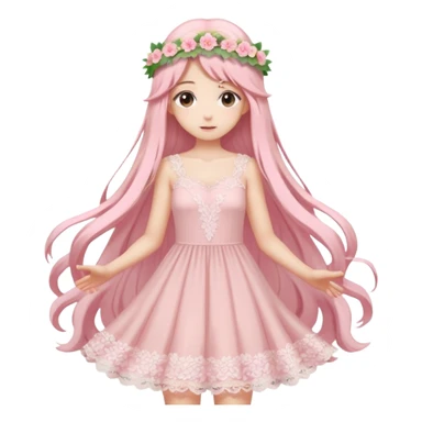 pastel anime woman with pink and white lace dress full body and long hair with flower crown sticker