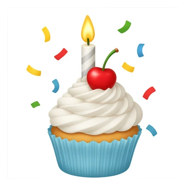 Make this a birthday cupcake with a candle and confetti, keeping the white color and apple emoji style. Remove the background. sticker