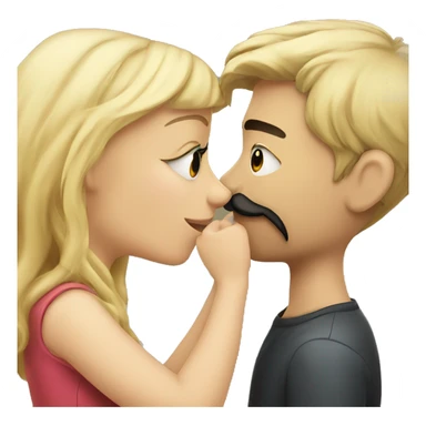 Blonde Girl kissing boy with dark hair with mustache sticker