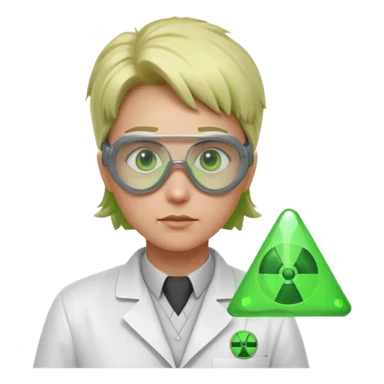 nuclear scientist portrait, head and shoulders only, wearing lab coat collar, protective goggles, glowing green radiation symbol badge, serious expression, sci-fi laboratory vibe, 3D cartoon, mobile game icon style, clean background, no text, no watermark
 sticker