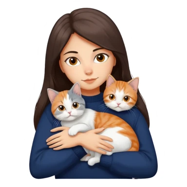 a girl with long dark brown hair, in a navy sweater, hugs a persian peaknose grey cat and persian peaknose orange and white kitten and a persion peaknose brown tabby and white cat sticker
