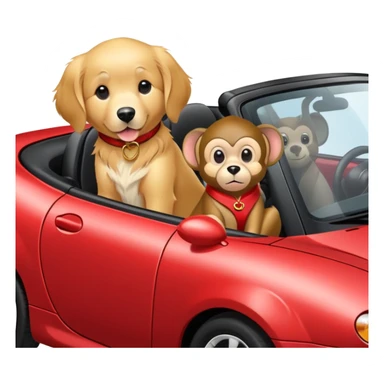 Picture a monkey playing on a red mazda miata with a golden retriever sticker