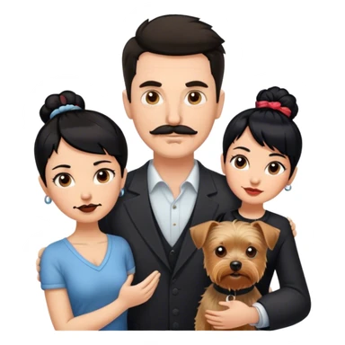 Tall white man with dark hair mustache goatee, and short woman with black hair bun, and a yorkshire terrier dog sticker