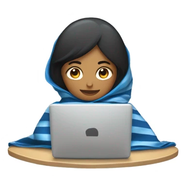 Chica crespa morena con una manta azul con rayas blancas y un computador sticker