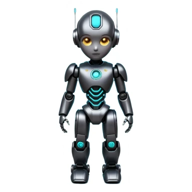 Cute futuristic chibi humanoid robot with large rounded head, glossy black and grey metal body, glowing cyan and amber eyes, visible joints, confident pose, white background, high-detail 3D render, add text on chest "LMX". sticker