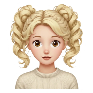 blonde hazel eyes woman with a white cable knit sweater and one curly messy bun with tendrils of hair flowing down her face and she is happy pale, some freckles, blush. she has a cateye wing and long lashes sticker
