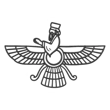 Faravahar symbol, flat icon, clean outlines, geometric shapes, no text sticker