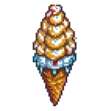 a scoop of vanilla ice cream in a waffle cone, pixel art style sticker