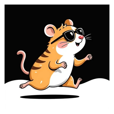 unique, colorful, hand-drawn, modern, realistic hamster with cool glasses, running energetically, solid black background, illustrated in Procreate on an iPad, not kiddish sticker