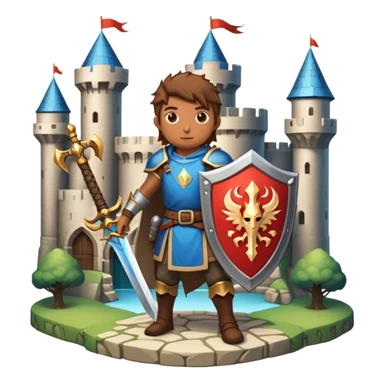 An icon symbolizing a RPG game, featuring a character holding a sword and shield, standing in front of a fantasy world with castles, dungeons and mythical creatures. The design emphasizes exploration, quests with elements like health bars and inventory icons. Transparent background sticker
