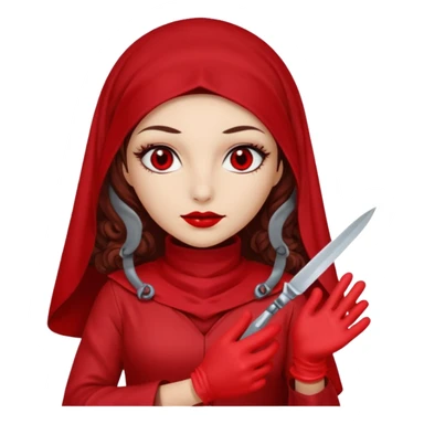 Lilith scalpel in hand, evil surgeon outfit.  She has red eyes. She has dark brown curly hair. Hair is long . Wears sexy doctor outfit with red gloves. Clears, mouth with Muslim red burka sticker