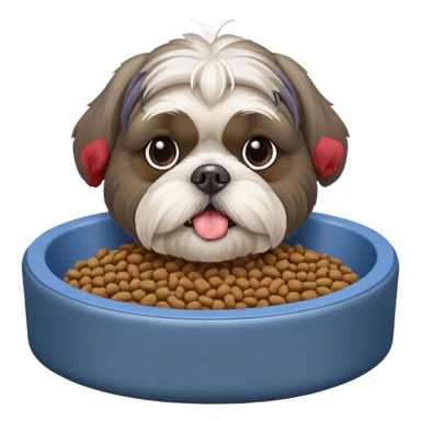 old ALL grey shih tzu in dog bed tongue hanging out with a bowl of food sticker