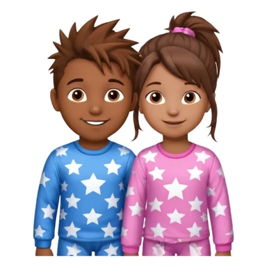 4 year old brown spikey haired boy with blue pajamas with stars on them and a 1 year old brown haired pony tail girl with pink pajamas, and stars on them with light skin. Top left on, can you make them smile more?  sticker