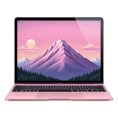 pink mac book with a light pink sky w a montain sticker