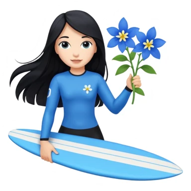 A girl with long black hair holding blue flowers surfing the sea sticker