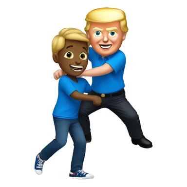 smiling boy in blue shirt dancing with Trump sticker