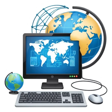 An icon featuring a computer monitor displaying code, a globe with network nodes, and a circuit board, symbolizing IT. The design includes data streams, cloud storage, and a keyboard, representing digital innovation, connectivity, and problem-solving. Transparent background sticker