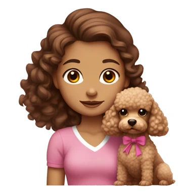 Girl with long brown curly hair white skin brown eyes with a bow in her hair wearing a pink shirt and jeans holding a small poodle that is brown  sticker
