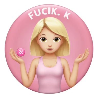 angelic blonde girl in light pink yoga outfit pushing "FUCK" pink button sticker