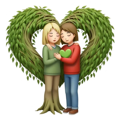 heart-shaped weeping willow tree with two people inside giving each other a supportive, caring hug, like close friends comforting each other, with a small heart above them sticker