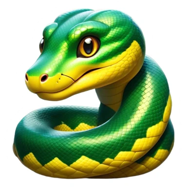 Cinematic Cute Anaconda Portrait Emoji, Head tilted playfully and inquisitively, with a sleek, shimmering body adorned with detailed scale patterns and round, sparkling eyes full of wonder, Simplified yet irresistibly adorable features, highly detailed, glowing with a warm, friendly jungle glow, high shine, affectionate and lively, stylized with a touch of whimsical reptilian charm, soft glowing outline, capturing the essence of a mischievous serpent that feels like it could slither out of the screen into your arms! sticker