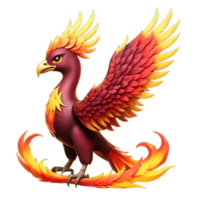 Cinematic Noble Battle-Hardened Mystical Fire Phoenix Portrait Emoji, with scorched, battle-scarred plumage in deep crimson, burnt gold, and smoldering ember hues. Its piercing eyes, hardened by countless conflicts, blaze with unyielding resolve and ancient wisdom. The elongated tail feathers bear vivid marks of fiery combat, rendered with lifelike texture and dynamic highlights, high shine, exuding an aura of mythic martial valor, focused and commanding, with a soft glowing outline that captures a phoenix forged in the fires of war. sticker