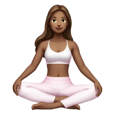 A girl with brown long hair, fair skin and brown eyes is sitting in a lotus position in a white bra top and pink skirts sticker