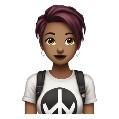 Beautiful girl with dark maroon hair and a septum piercing, hazel colors eyes, wearing an emo shirt, making a peace sign and winking sticker